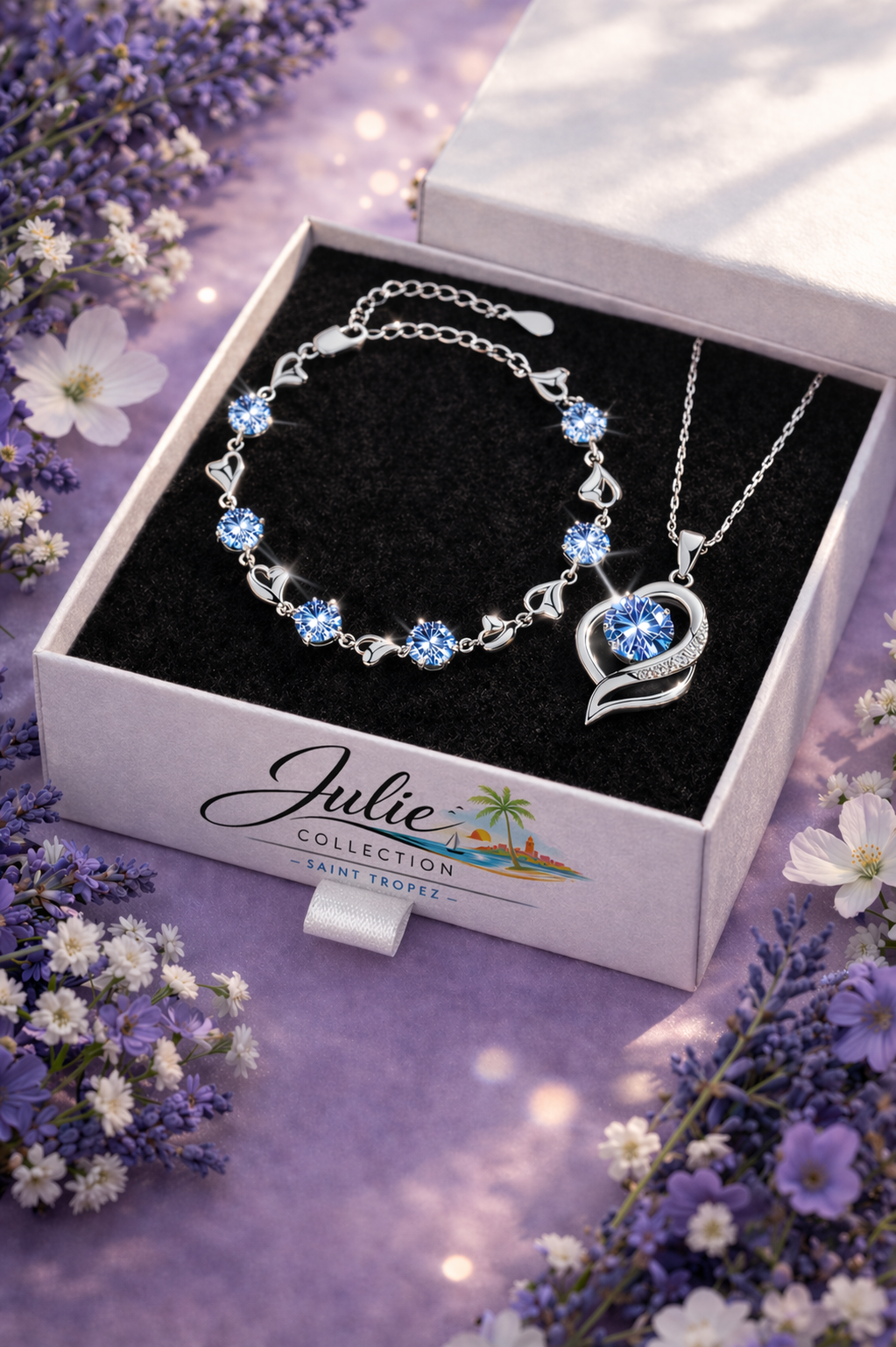 Bracciale e collana Bleu Saint-Tropez – con pietre di quarzo blu e cristalli Luminia