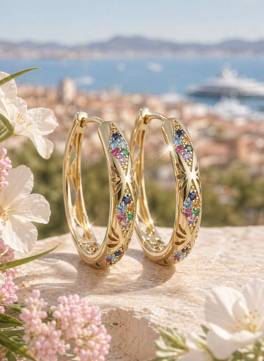 Orecchini a cerchio intrecciati in oro con pietre multicolori