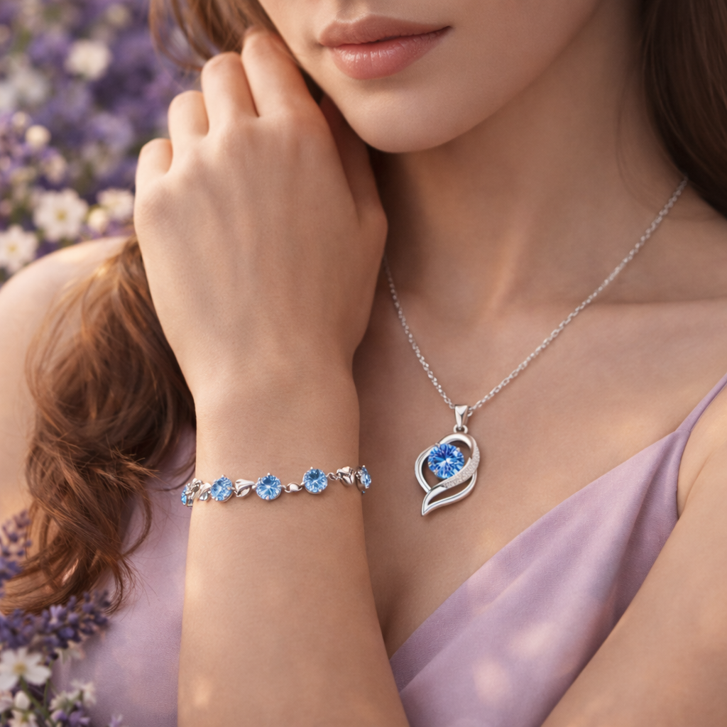 Bracciale e collana Bleu Saint-Tropez – con pietre di quarzo blu e cristalli Luminia